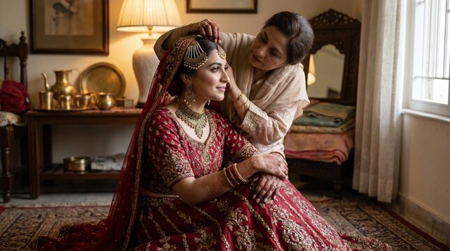 Pakistani bride in traditional wedding attire getting ready with assistance