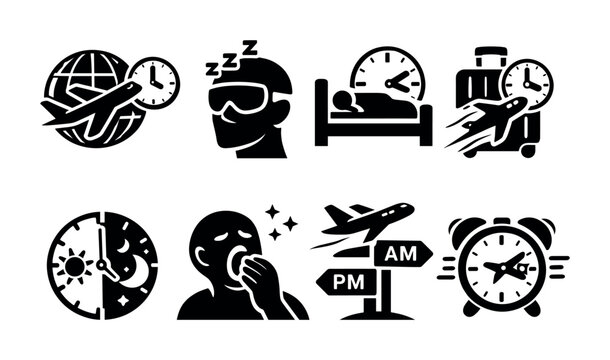 Travel time icons: jet lag, sleep, and time zones