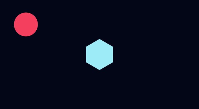 Minimalist geometric motion: cyan hexagon and red dot on dark animation background
