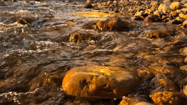 Sunlit stream with smooth stones and golden reflections