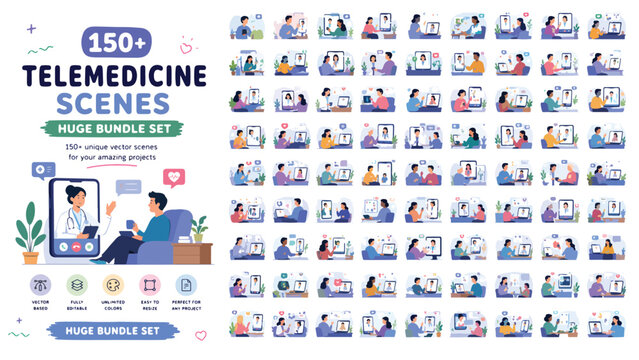 Telemedicine scenes bundle with 150 plus vector illustrations, online doctor consultation and remote healthcare set, digital medical service graphics