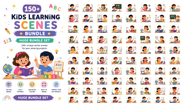 Kids learning scenes bundle, 150 unique vector illustrations of children studying, diverse school education character set for classroom projects