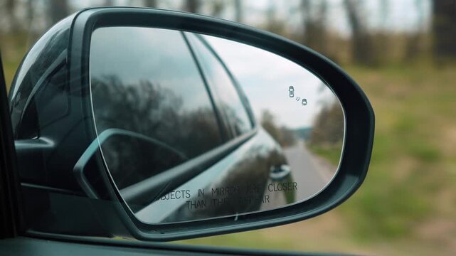 Traveling in a car. View of the scenery through the side mirror. Mountain views. Objects in mirror are closer than they appear
