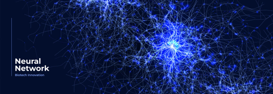Neural network, AI technology background with glowing blue connections, biotech innovation data flow. Digital networks science banner design. Vector illustration.