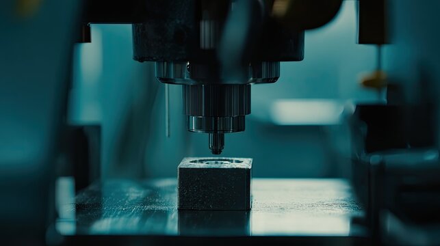 Industrial computer numerically controlled machine accurately drilling a hole in a metal block, representing automation, engineering, and advanced fabrication technology in a modern factory setting