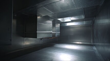 Fototapeta premium Industrial air duct system featuring metal ventilation chambers and piping, creating a metallic, sterile interior space reflecting modern engineering and construction