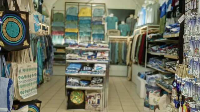Blurred shop interior with shallow bokeh and soft focus on aisles and shelves; background backplate copyspace calm.