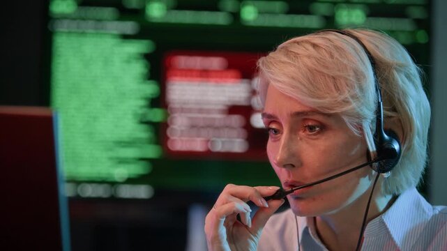 Chest up shot of adult Caucasian female technical operator detecting cyber attack and reporting via headset while monitoring network system on computers in office