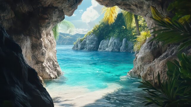 Tropical Beach Cliff Cave Turquoise Water Crystal Clear Ocean Paradise Island