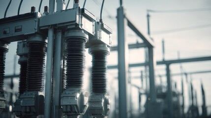 Naklejka premium High voltage insulators regulating electrical current within an industrial power substation, showcasing the crucial infrastructure of energy distribution and modern technology