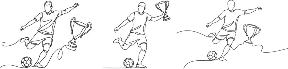 Continuous one line drawing of soccer players playing with ball and champion cup. Minimalist sports vector illustration set. © FreelancerHasin
