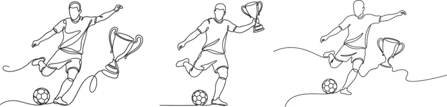 Continuous one line drawing of soccer players playing with ball and champion cup. Minimalist sports vector illustration set.