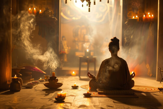 A woman sits cross-legged in meditation surrounded by candles and incense smoke inside a warmly lit temple.