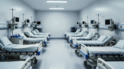 Fototapeta premium Empty hospital ward with rows of beds and medical equipment. Clean sterile room with machines and monitors awaits patients. Healthcare facility setup for treatment.