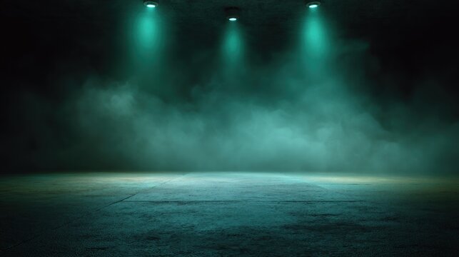 Stage illuminated by three green spotlights