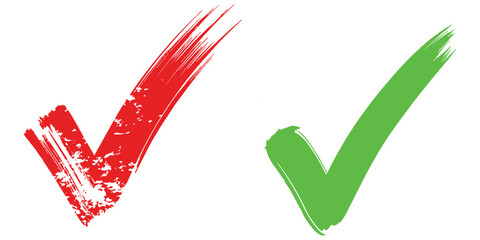 Distressed red grunge tick mark and clean green check symbol isolated on transparent backdrop set © Shamsun