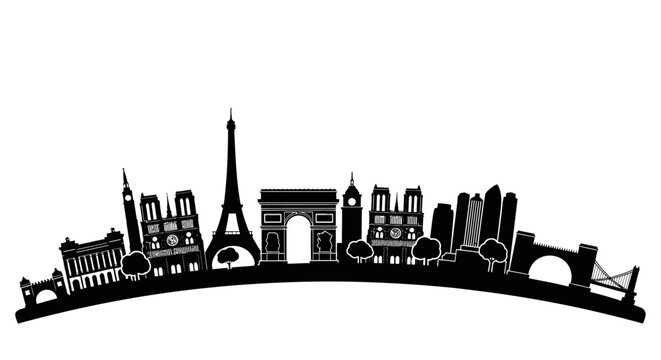 Black and white silhouette of the Paris skyline featuring iconic monuments.