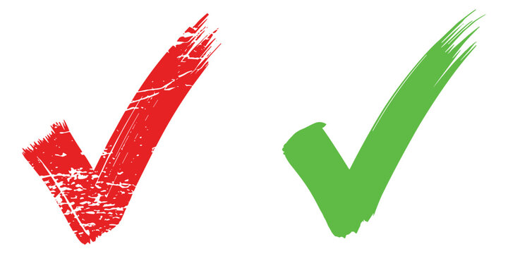 Set of grunge check marks icons red and green paint brush strokes hand drawn symbols on gray grid
