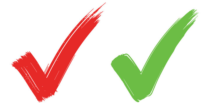 Rough textured red tick and green check mark vector graphics isolated on transparent background