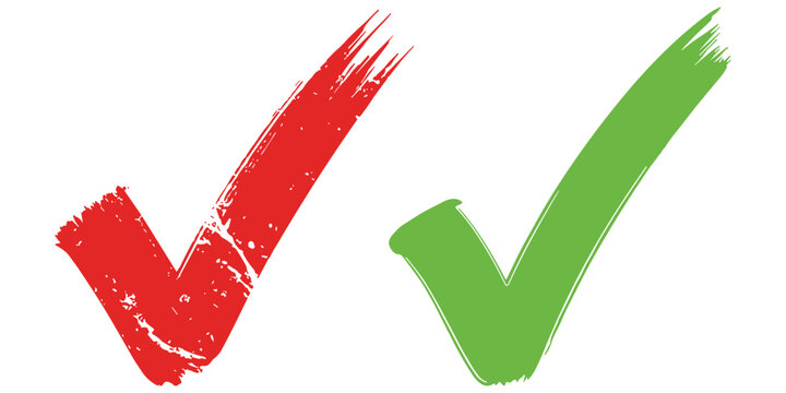 Grunge red and green check mark vector icons with distressed paint texture on transparent pattern