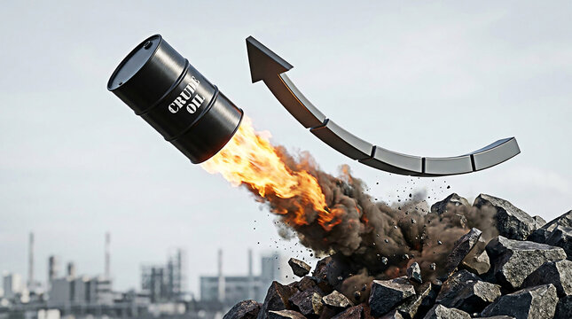 Black metal crude oil barrel launching into the sky with fire and a rising growth arrow