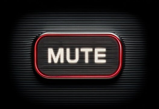A sleek futuristic mute button glowing with neon red edges, glossy black surface, embossed white "MUTE" text, dramatic lighting, cyberpunk interface design, high contrast, ultra-detailed, dark backgro