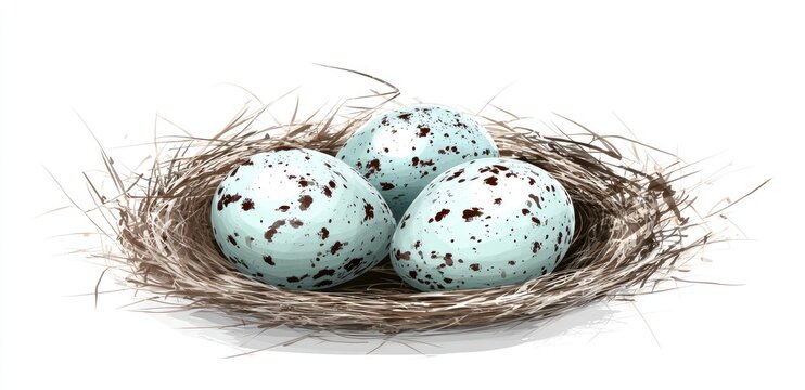Rustic bird nest arranged with vibrant blue speckled eggs, clean white backdrop, fine organic textures, soft shadows, minimalist wildlife composition, ultra-realistic photography, high-end nature maga