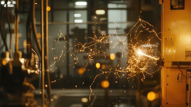 Bright electrical sparks erupting from machinery within an industrial factory environment, indicating a potential malfunction, danger, energy, or power issue requiring urgent attention