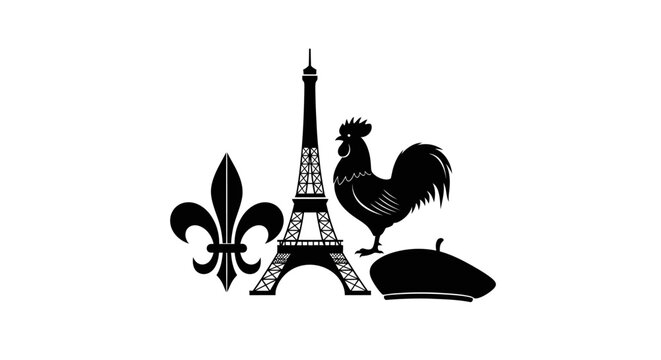 Set of Iconic French Cultural Symbols and Landmarks.