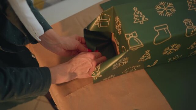 Closeup woman folding gift wrap corner on green patterned paper with precise hand movements and red nail polish, tape and scissors nearby, calm focused craft moment, finishing touches for holiday