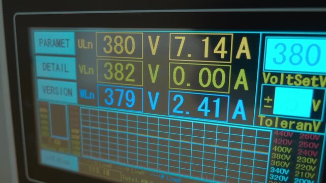 Industrial equipment monitor shows current power consumption expressed in amps and volts. Closeup