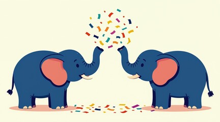Fototapeta premium Two elephants spray colorful confetti from trunks. Flat design illustration shows animals celebrating event. Joyful cheerful mood for greeting cards. Fun art style.