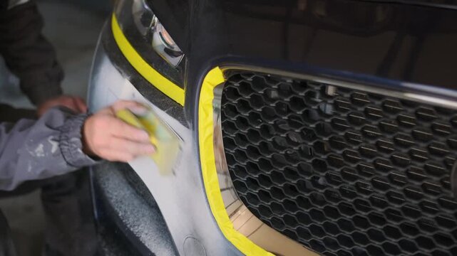 Professional auto body painter sanding primed front bumper edge before repainting and final coating application during vehicle refinishing process in workshop. Car Primer sanding