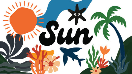 Stylized Summer Sun Vector Design with Tropical Flora and Fauna, a Vibrant Illustration Capturing Beach and Vacation Moods and Ocean Vibes © Pronob Kumar Ray