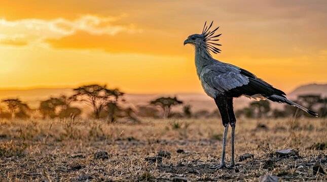 Ruppell S Korhaan Bird Standing in African Savannah at Sunrise Sunset Wildlife Photography Commercial Use