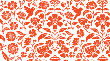 Beautiful seamless pattern of stylized orange flowers and hummingbirds on a white background, elegant floral design © Pronob Kumar Ray