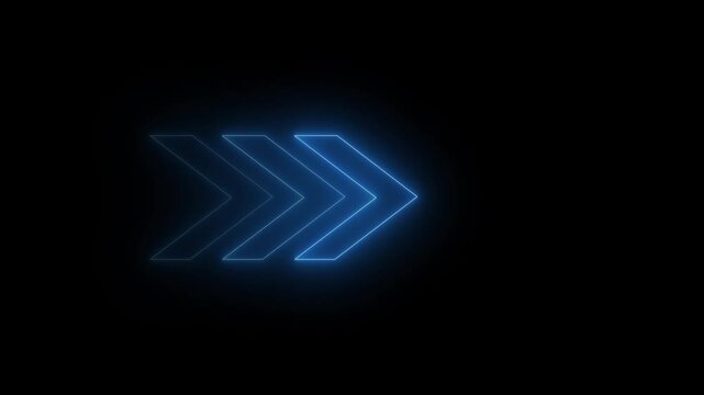 Neon glowing arrow pointer on right icon. Blue glowing led direction sign. Shine tube lamps in arrowhead shape.