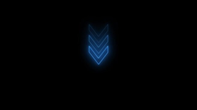Neon glowing arrow pointer on down icon. Blue glowing led direction sign. Shine tube lamps in arrowhead shape.