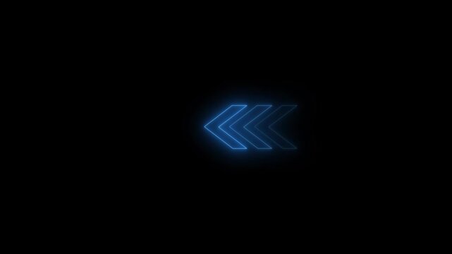 Neon glowing arrow pointer on left icon. Blue glowing led direction sign. Shine tube lamps in arrowhead shape.
