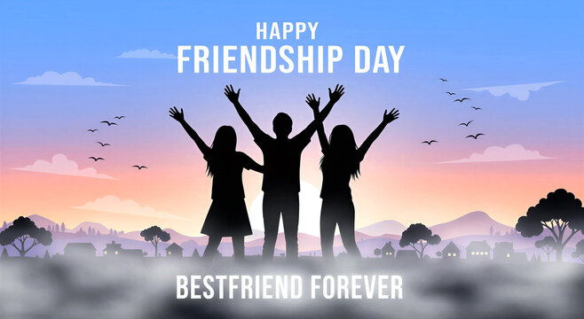 Happy friendship day celebration with silhouettes of friends raising arms at sunrise with bestfriend forever message