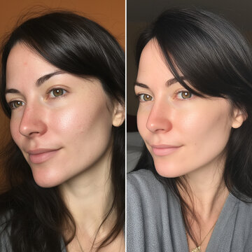 Split image comparing a woman's face with natural skin texture and some minor imperfections on the left, to a digitally retouched, smoother, and more idealized appearance on the right.