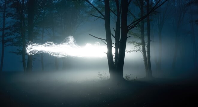 A translucent, glowing apparition drifts through a dense, midnight forest, casting an ethereal white light amidst the swirling grey mist, scary, paranormal, gloom