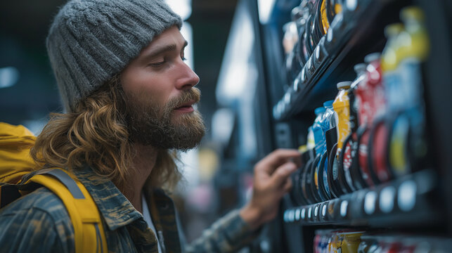 A bearded man in a beanie selects a beverage from a well-stocked vending machine with a yellow backpack.