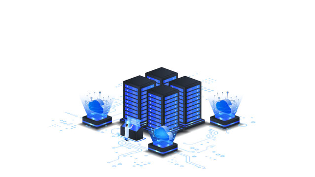 Cloud computing infrastructure isometric. cloud technology computing with data center and digital storage.