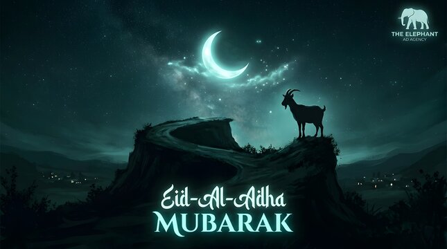 Eid al-Adha Mubarak Greeting Card with Goat Silhouette, Crescent Moon, and Mystical Night Landscape