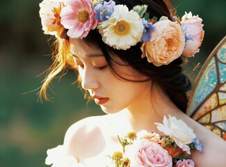 Obraz premium Young woman with flower crown and butterfly wings. Female holds bouquet of roses. Nature portrait serene girl. Soft light, outdoor setting. Fantasy ethereal beauty.