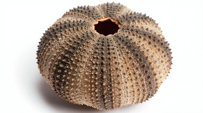Spiky sea urchin shell rests on clean white background. Dried marine invertebrate skeleton, natural patterned orb with central hole. Coastal decor or ocean life study.