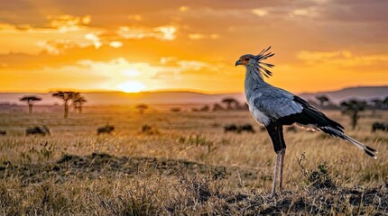 Fototapeta premium Secretarybird in African Savanna at Sunset Wildlife Photography for Travel and Nature Marketing Secretarybird