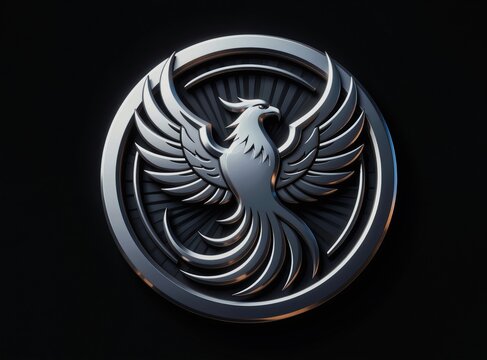 Metallic phoenix emblem with spread wings in circular frame. Bird symbol design on dark background. Represents rebirth power and strength. Modern logo concept.