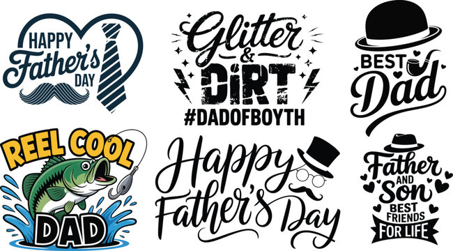 happy father's day vector bundle featuring best dad quotes fishing reel cool design mustache tie and son friendship elements for creative projects
